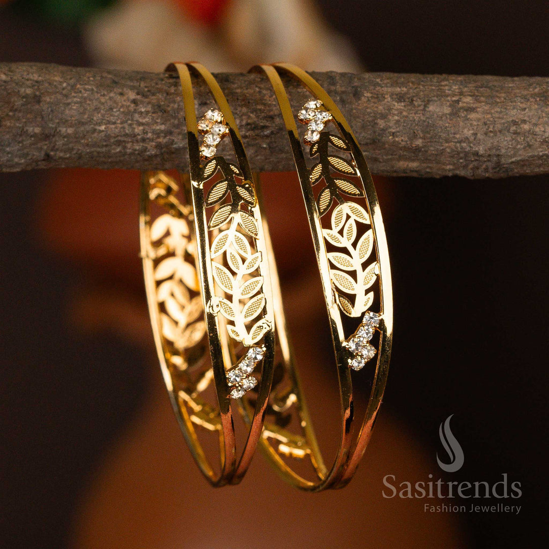 Guaranteed One Gram Micro Gold Plated Leaf Pattern AD Stone Bangles