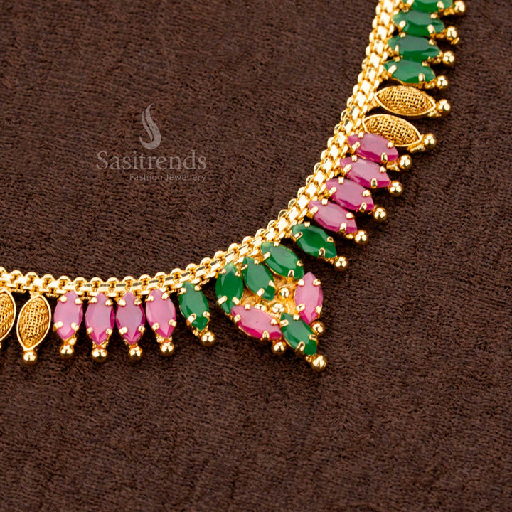 Front view of 1 gram micro gold plated necklace ruby Green stones - Sasitrends