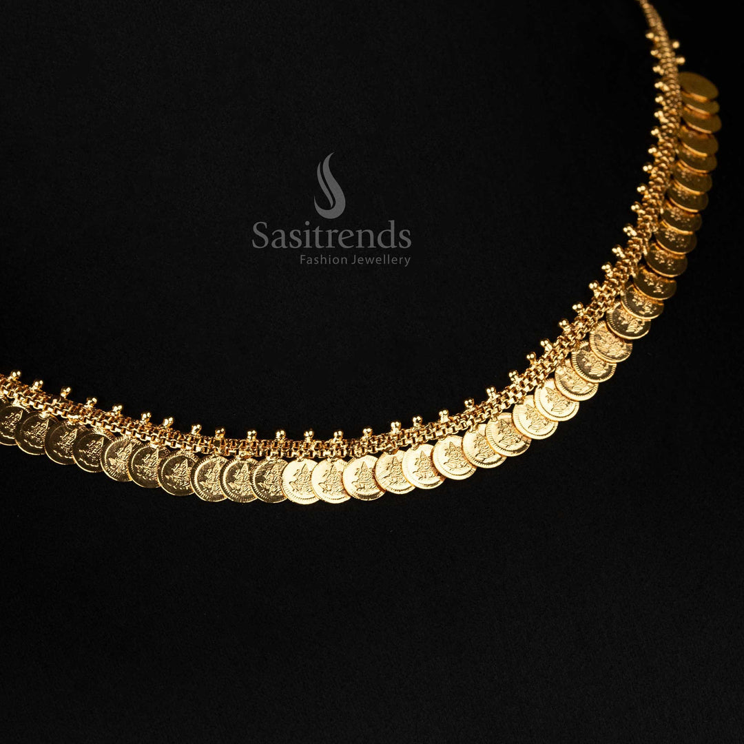 Elegant majestic micro gold plated small Lakshmi coin temple necklace, designed with intricate traditional patterns and a rich heritage finish - Sasitrends