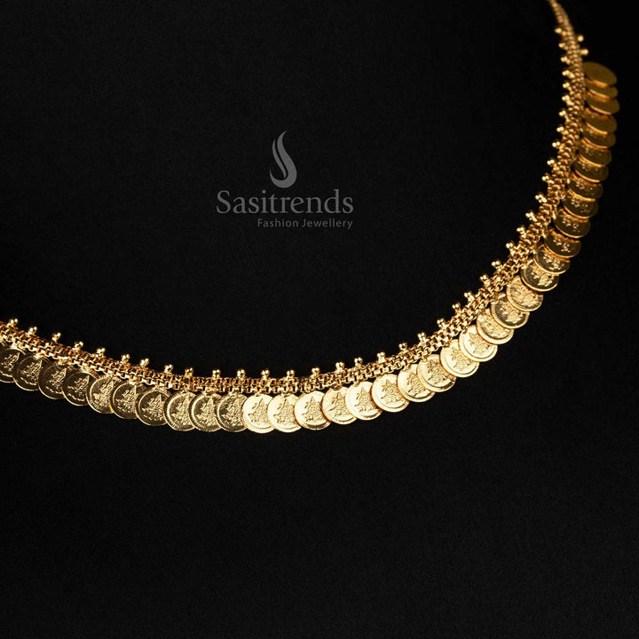 Elegant majestic micro gold plated small Lakshmi coin temple necklace, designed with intricate traditional patterns and a rich heritage finish - Sasitrends