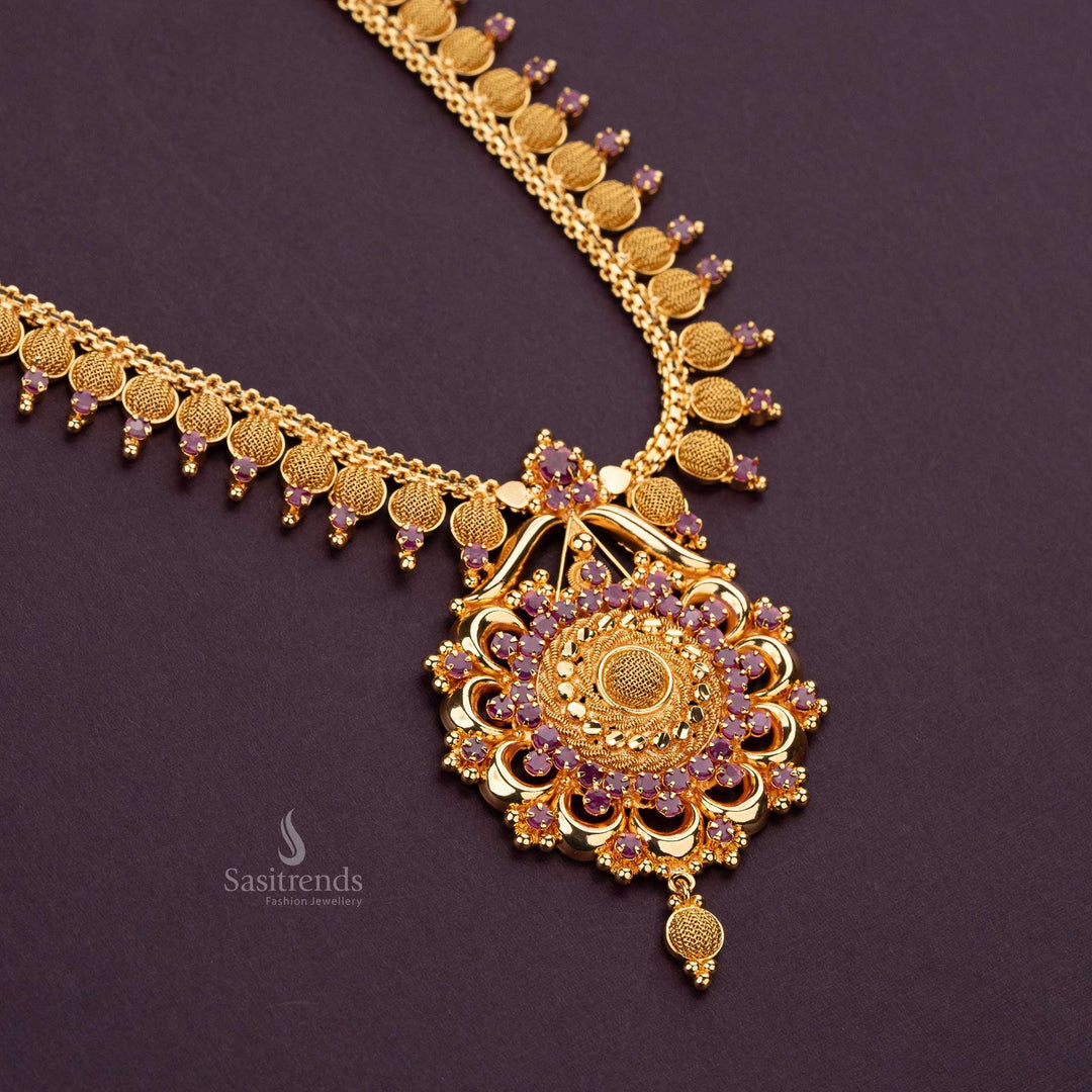 Elegant one gram micro gold plated ad stone stud long necklace sasitrends