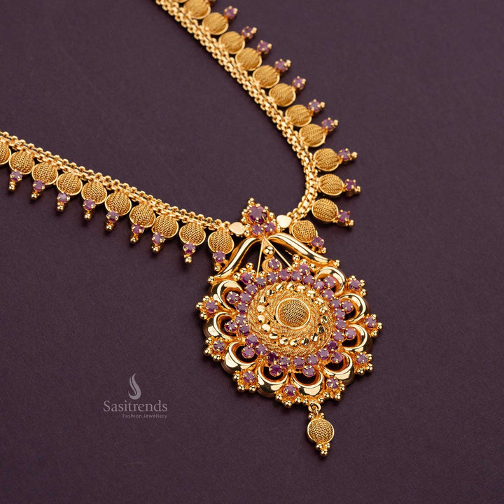 Elegant one gram micro gold plated ad stone stud long necklace sasitrends