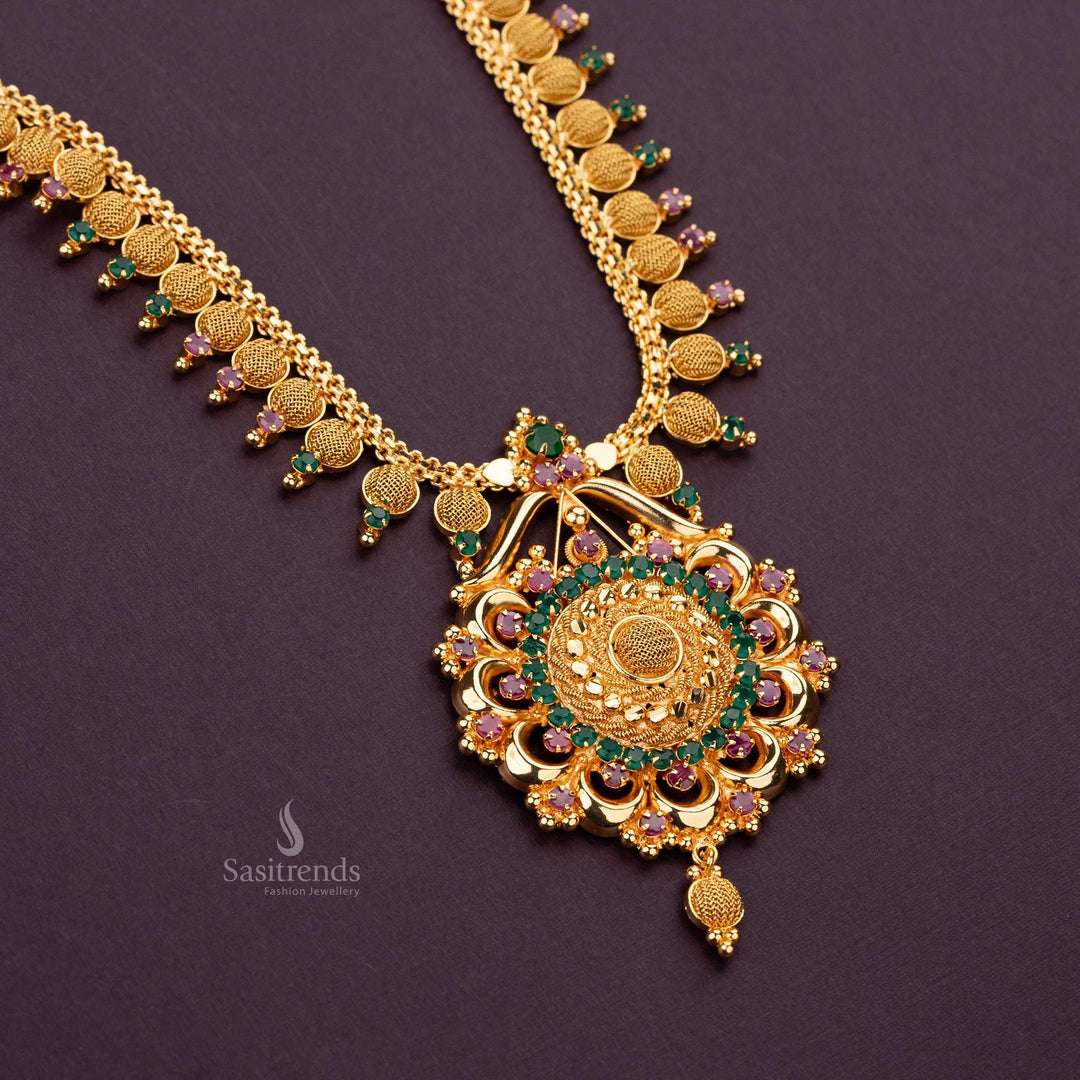 Traditional Guaranteed micro gold plated ruby green american diamond stone stud long necklace sasitrends