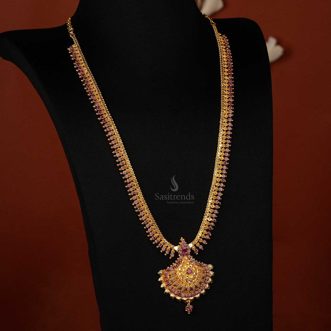 Premium 24-carat plated long haram necklace with ruby AD stones – 1 Year Guarantee
