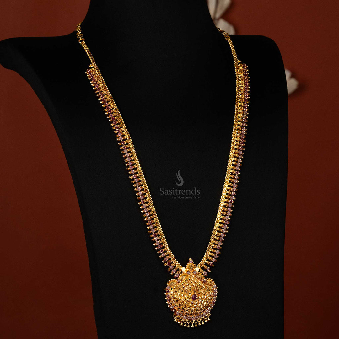 1-gram micro gold plated long haram necklace with ruby AD stones