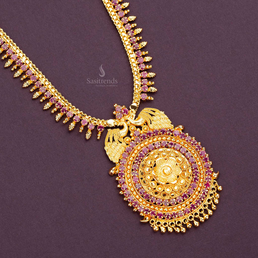 Royal long haram necklace with ruby AD stones and micro gold-plated peacock pendant