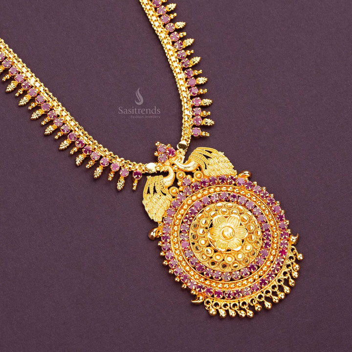 Royal long haram necklace with ruby AD stones and micro gold-plated peacock pendant