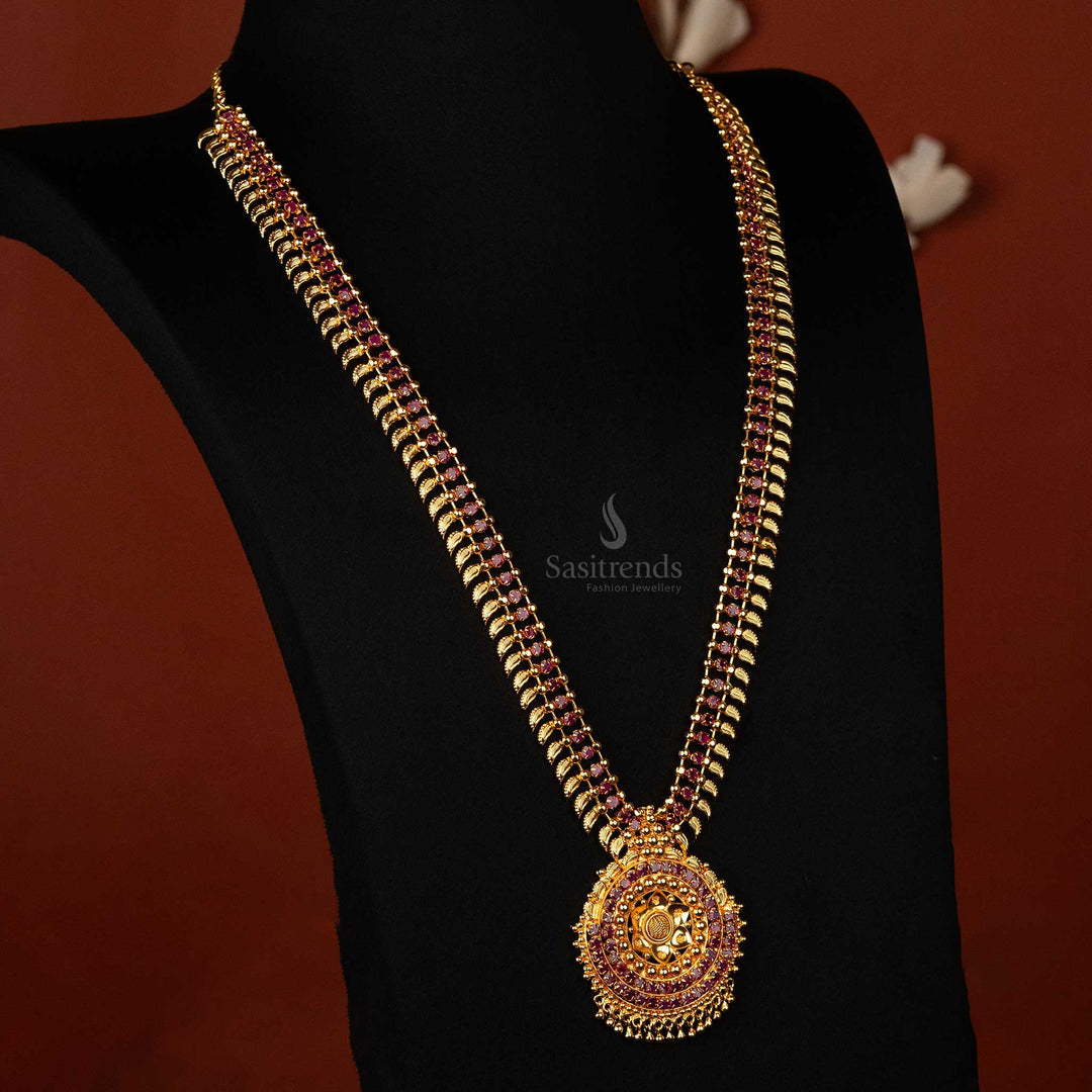 Luxurious ruby AD stone long haram necklace with ornate pendant