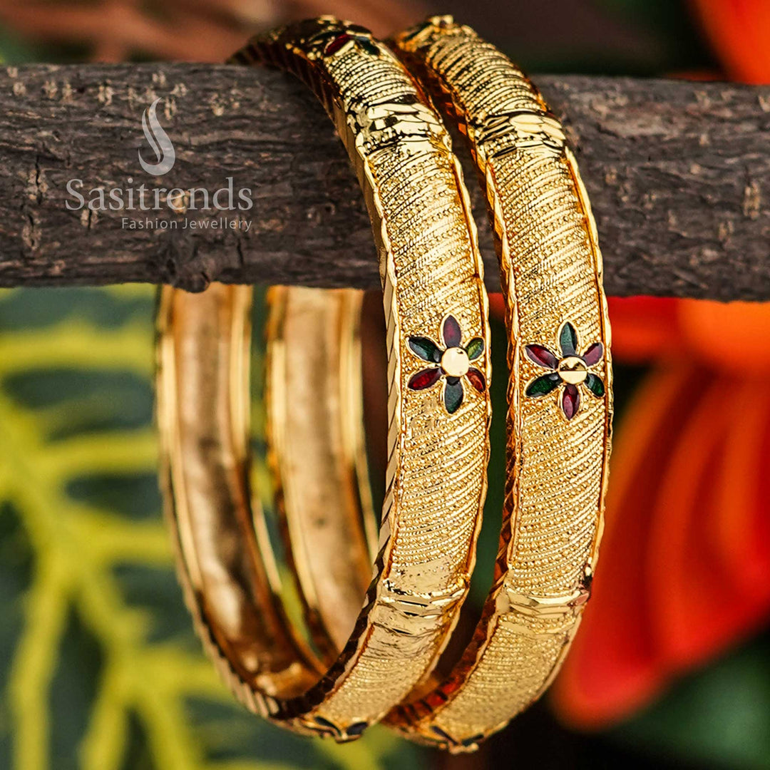 Diwali Collection - Thick Bangle Pair - Enamelled Flower Pattern - Indian Jewelry
