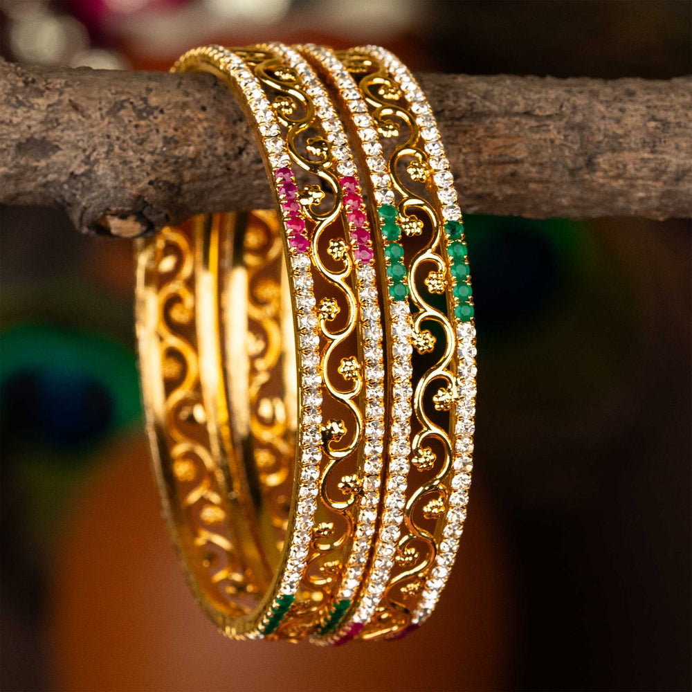 One Gram Micro Gold Plated Guaranteed Two Line Multi AD Stones Floral Designer Bangles