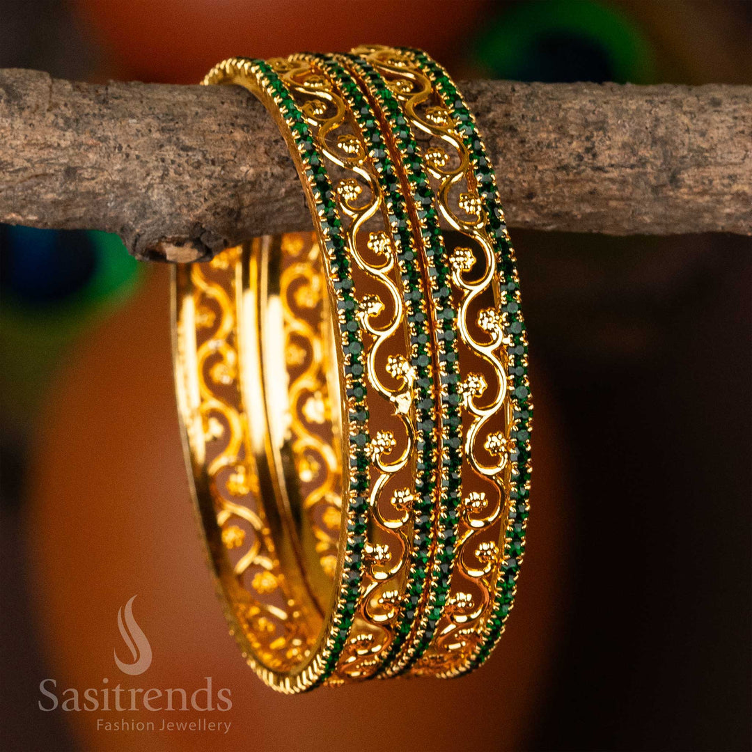 Traditional One Gram Micro Gold Plated Guaranteed Two Line Green AD Stones Floral Designer Bangles