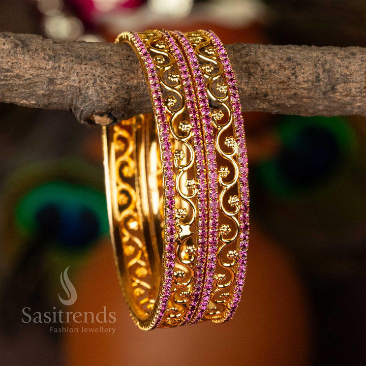 Guaranteed Micro Gold Plated Leaf and Flower Designer Two Line Pink American Diamond Stone Studded Bangles Online Shopping