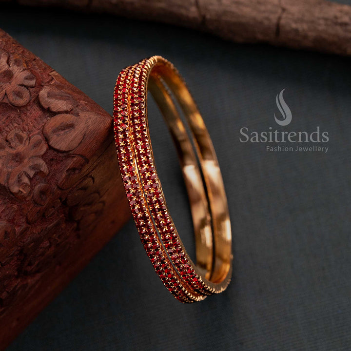 Guaranteed Micro Gold Plated Two Line Maroon American Diamond Stone Studded Bangles Online Shopping