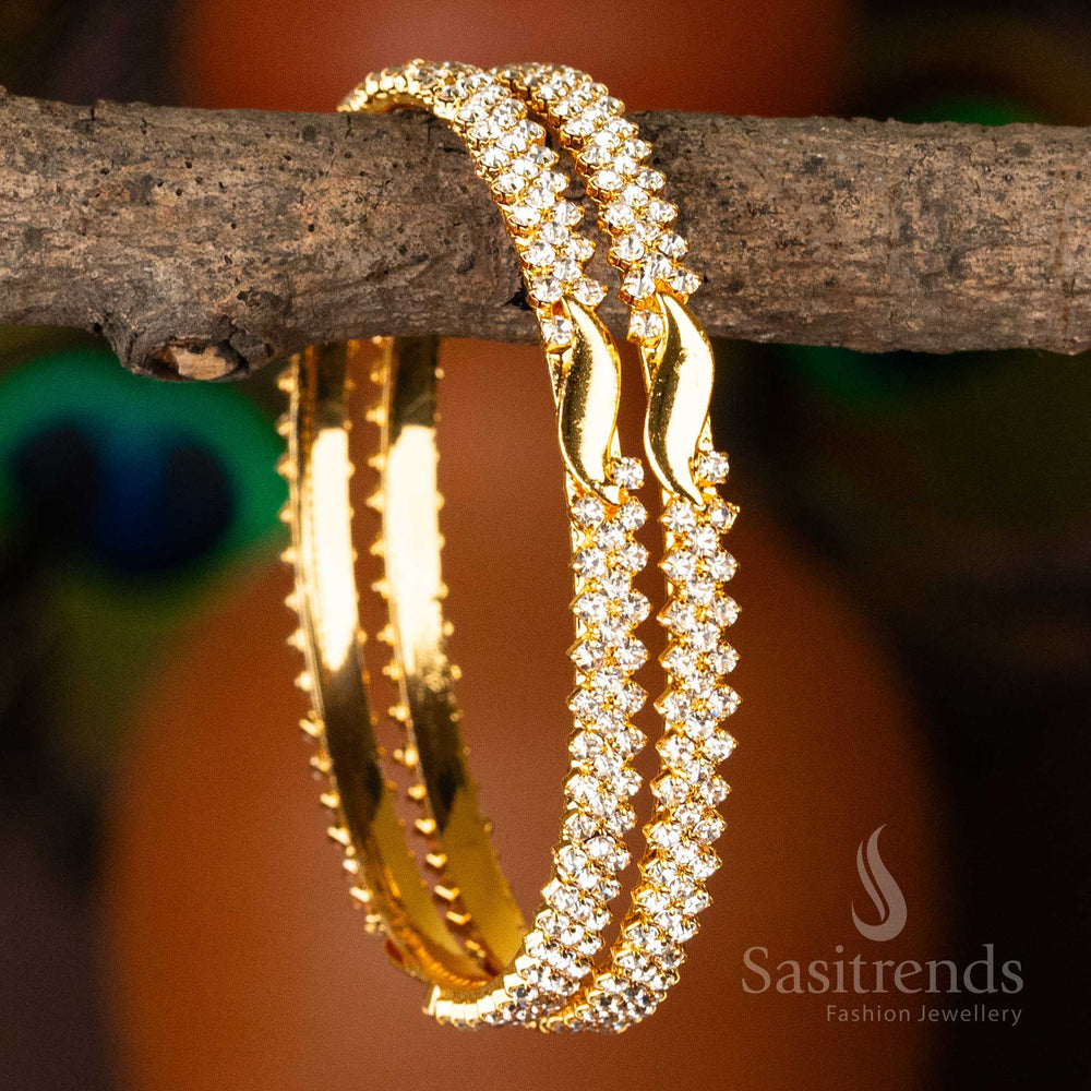 Traditional Wear Micro Gold Plated Center Leaf White Para Stone Studded Guaranteed Bangles Online Shopping - Sasitrends