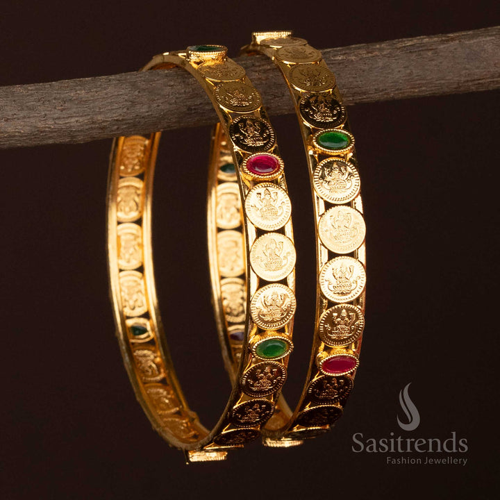 Sasitrends - Micro Gold Plated Traditional Coin Bangles with Embossed Goddess Motif and Oval Stone Accents – Guaranteed, Look Like Real Gold