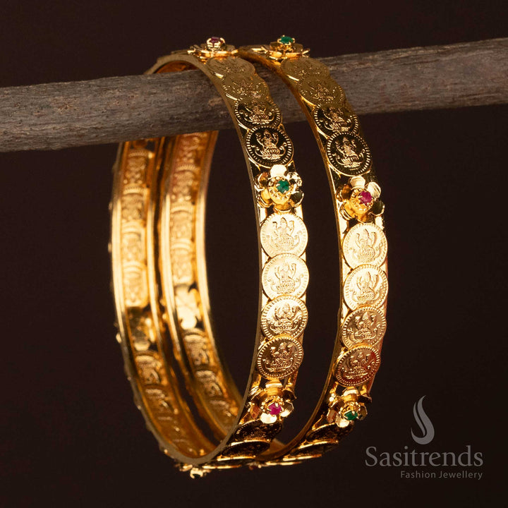 Amazing Micro Gold Plated Traditional Coin Bangle Set with Floral Accents and Goddess Motifs – Guaranteed, Look Like Real Gold - Sasitrends
