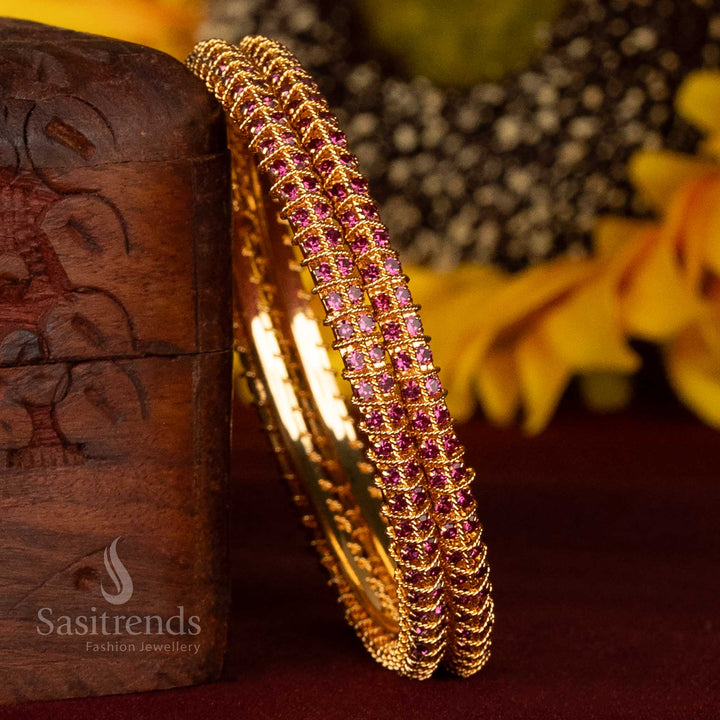 Micro Gold Plated Bangles with Structured Grid Stone Design - Sasitrends