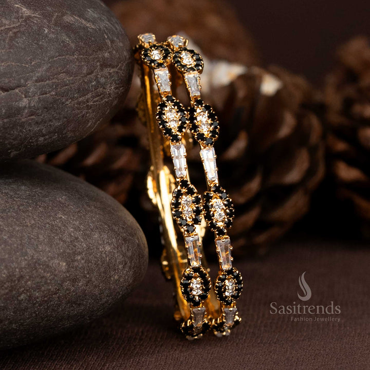 Stunning Micro Gold Plated Stone Bangles With Designer Oval And Baguette Cut Detailing - Sasitrends