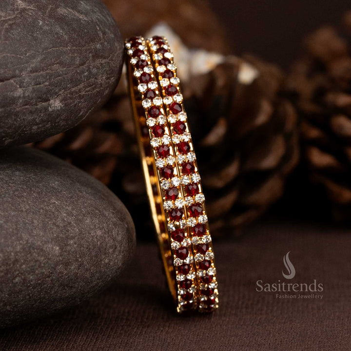 Guaranteed micro gold plated bangles with twin line stone setting and traditional finish -Sasitrends
