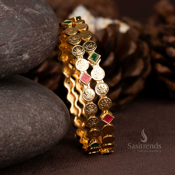 Traditional micro gold plated Lakshmi coin bangles with wavy edge and stone accents - Sasitrends