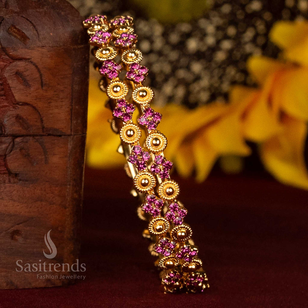 Micro Gold Bangles with Floral Motif and Cluster Pink Stone Pattern - Sasitrends