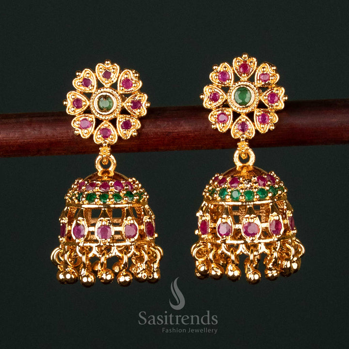 Majestic Bloom Design Jhumka Earrings with Ruby-Green AD Embellishments and Micro Gold Finish for a Regal Look - Sasitrends