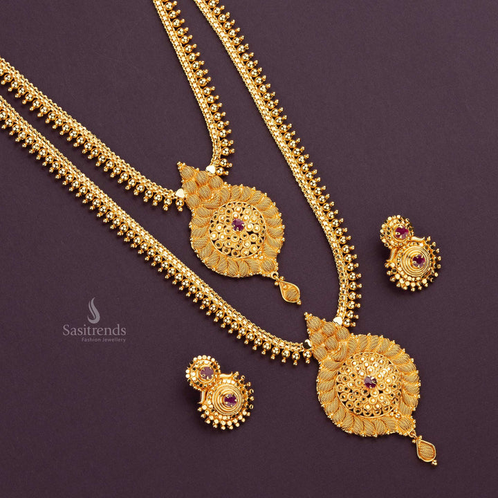 Traditional bridal necklace set with ruby american diamond guaranteed gold finish and water drop motifs - Sasitrends