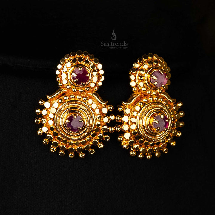 Traditional bridal necklace set ruby Earrings with guaranteed gold finish and water drop motifs - Sasitrends