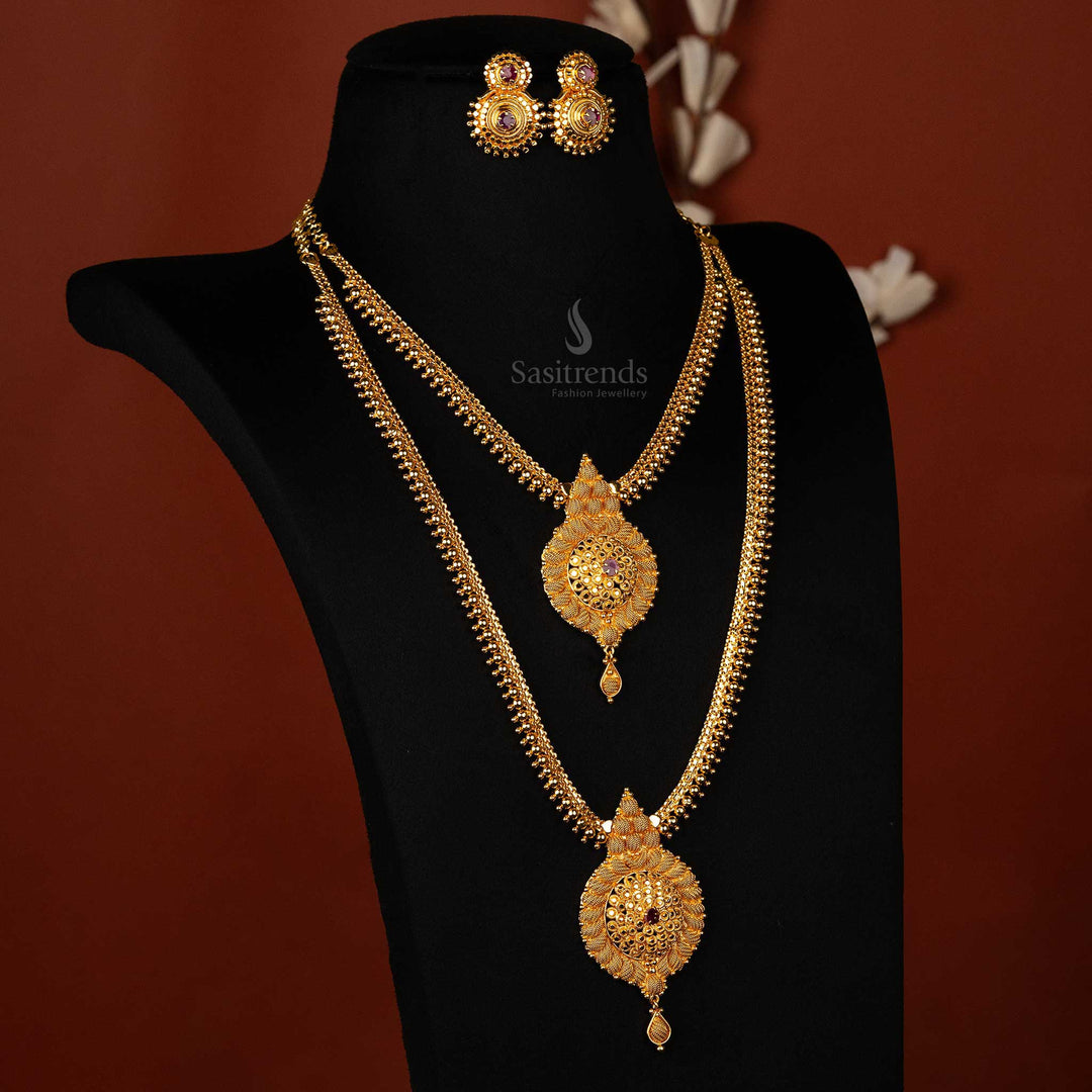 Long and short necklace combo set in 24K gold plating, ruby american diamond perfect for weddings - Sasitrends