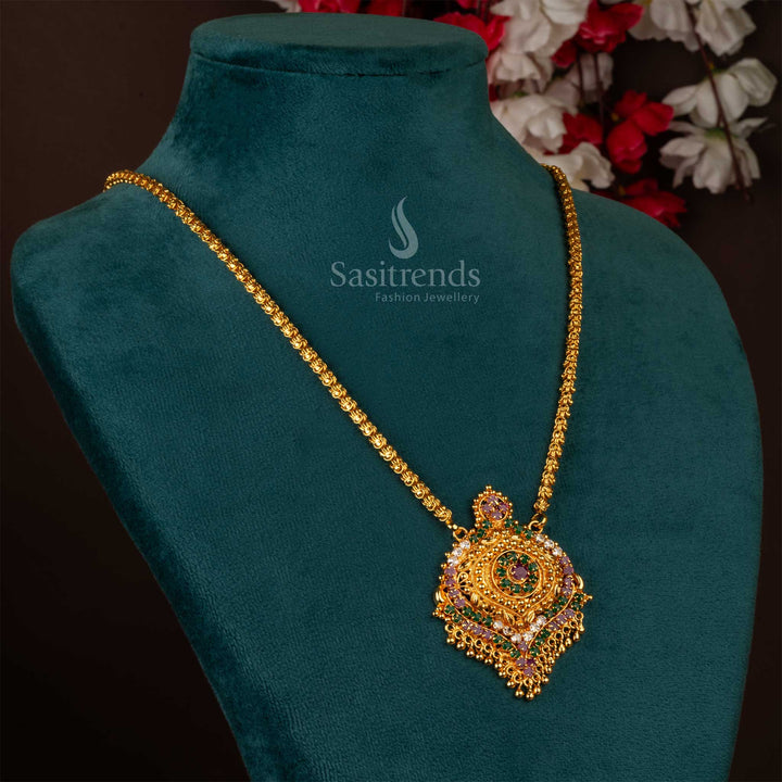 Celestial chronicle etched in this traditional multi-colour chain necklace with Dasavatharam leaf pendant, highlighted in micro gold plating for spiritual elegance and vibrant festive wear – Sasitrends