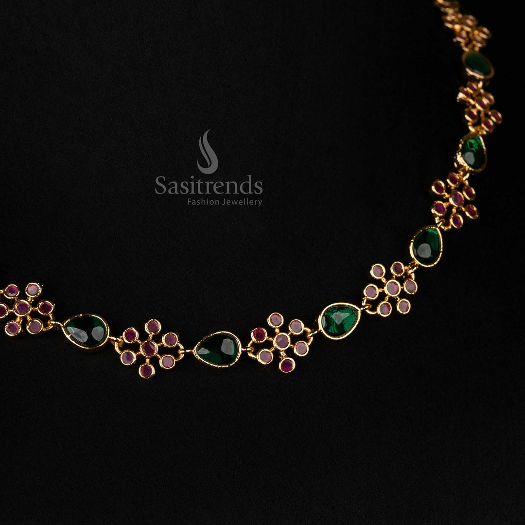 Opulent designer micro gold plated necklace featuring a delicate floral pattern, sparkling ruby-green gemstone accents - Sasitrends