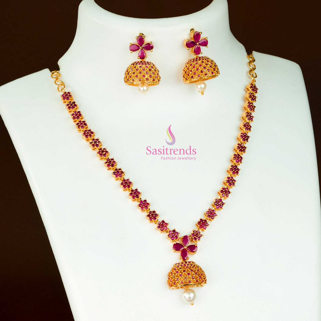 Classic Micro Gold-Plated Bell Jhumka with American Diamond Stones in Ruby – A Beautiful Traditional Ethnic Women’s Adornment for Celebrations - Sasitrends