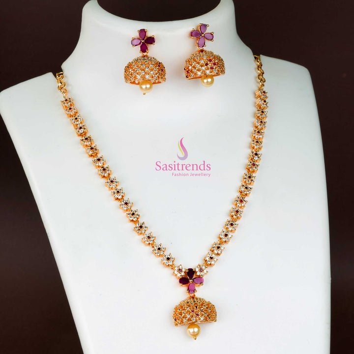 Micro Gold-Plated Bell Jhumka Jewellery Set with American Diamond Stones in White and Ruby – A Traditional and Festive Women’s Accessory for Weddings and Celebrations - Sasitrends
