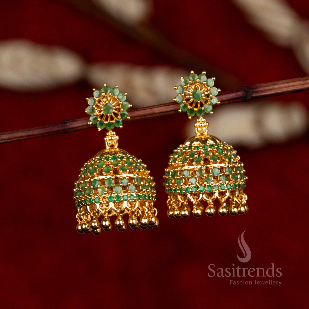 Regal Sparkle Green Round Jhumka AD Stone Earrings with Hanging Beads – Micro Gold Plated Jewellery That Looks Like Gold – Temple Jewellery Style – Sasitrends