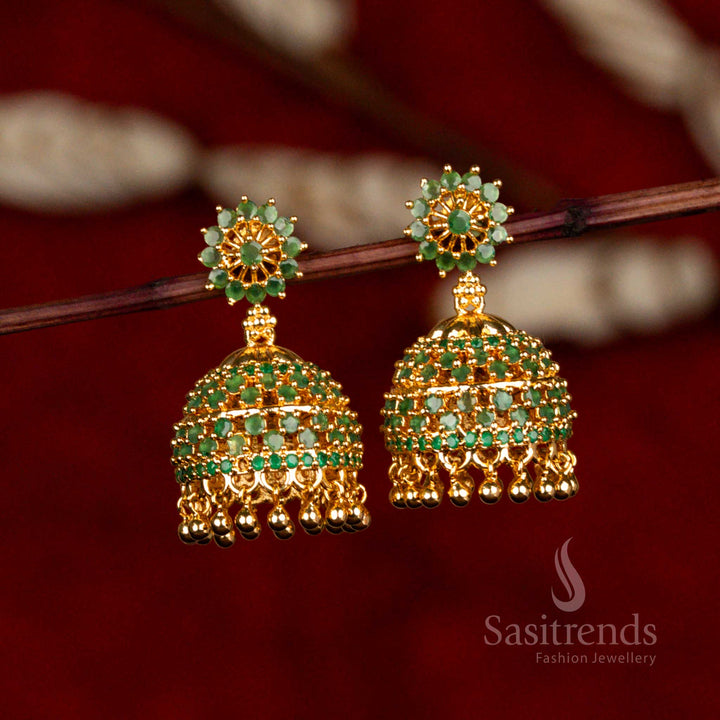 Regal Sparkle Green Round Jhumka AD Stone Earrings with Hanging Beads – Micro Gold Plated Jewellery That Looks Like Gold – Temple Jewellery Style – Sasitrends