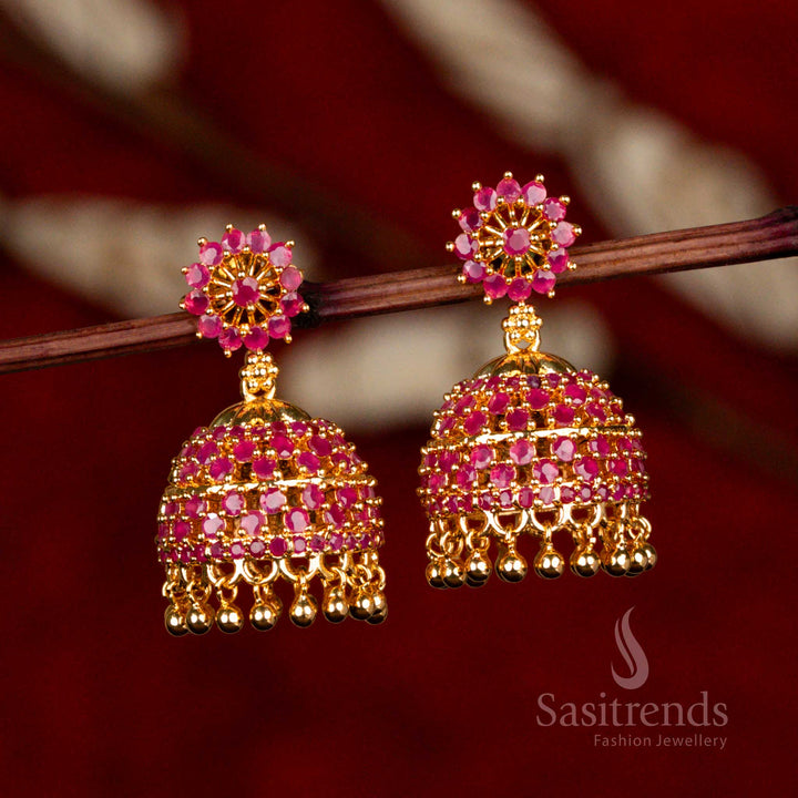 Vintage Beauty Micro Gold Round Jhumka Earrings with AD Stones and Deep Ruby Beads – Indian Ethnic Jewellery with Real Gold Look – Sasitrends