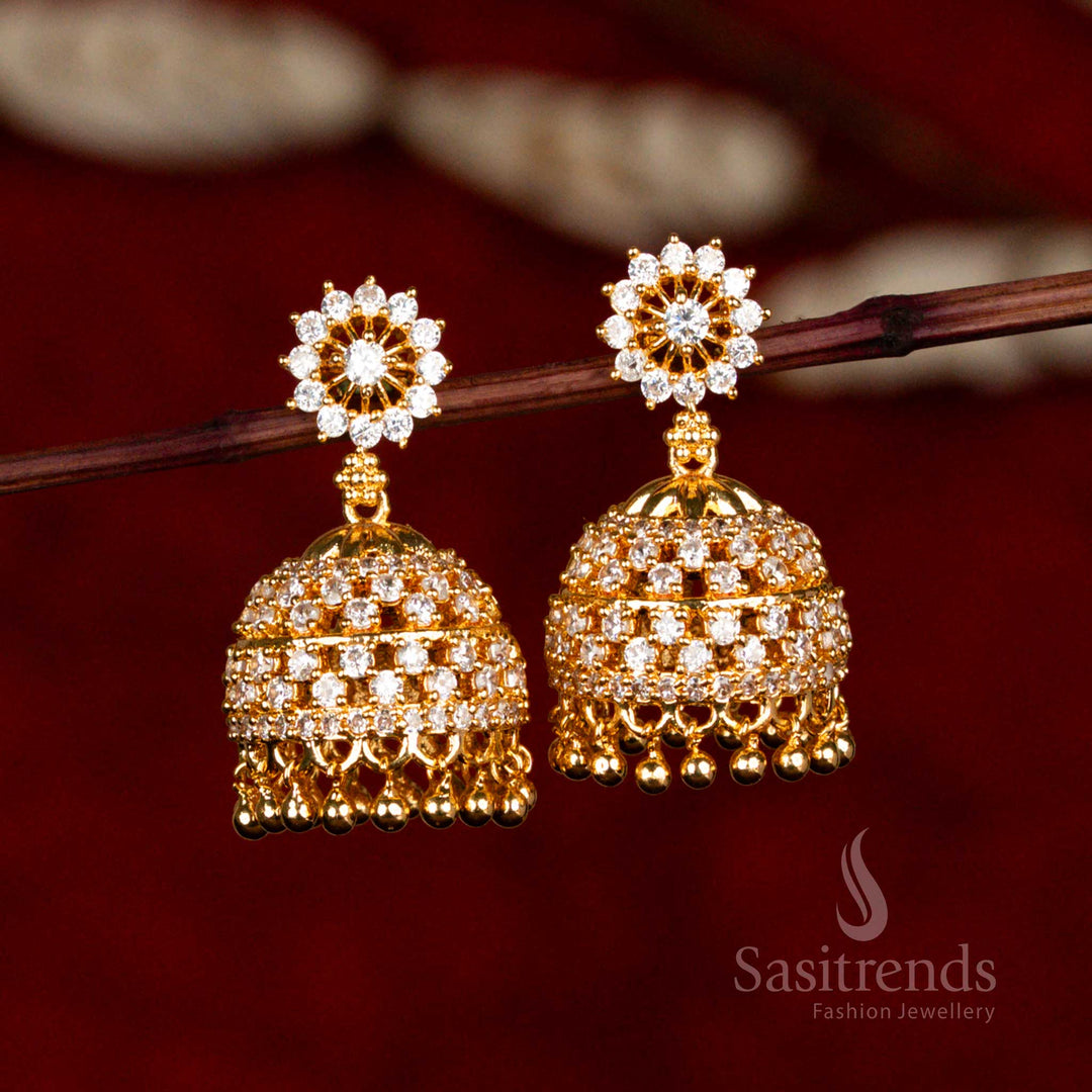 Radiant Grace Micro Gold White Stone Jhumka Earrings in Round Pattern with Beads – Ethnic Jewellery in South Indian Look – Sasitrends