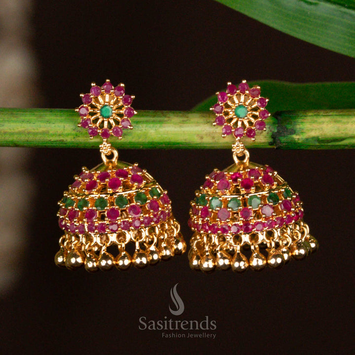 Micro Gold Plated Round Pattern Jhumka Earrings with AD Stones & Hanging Beads - Sasitrends