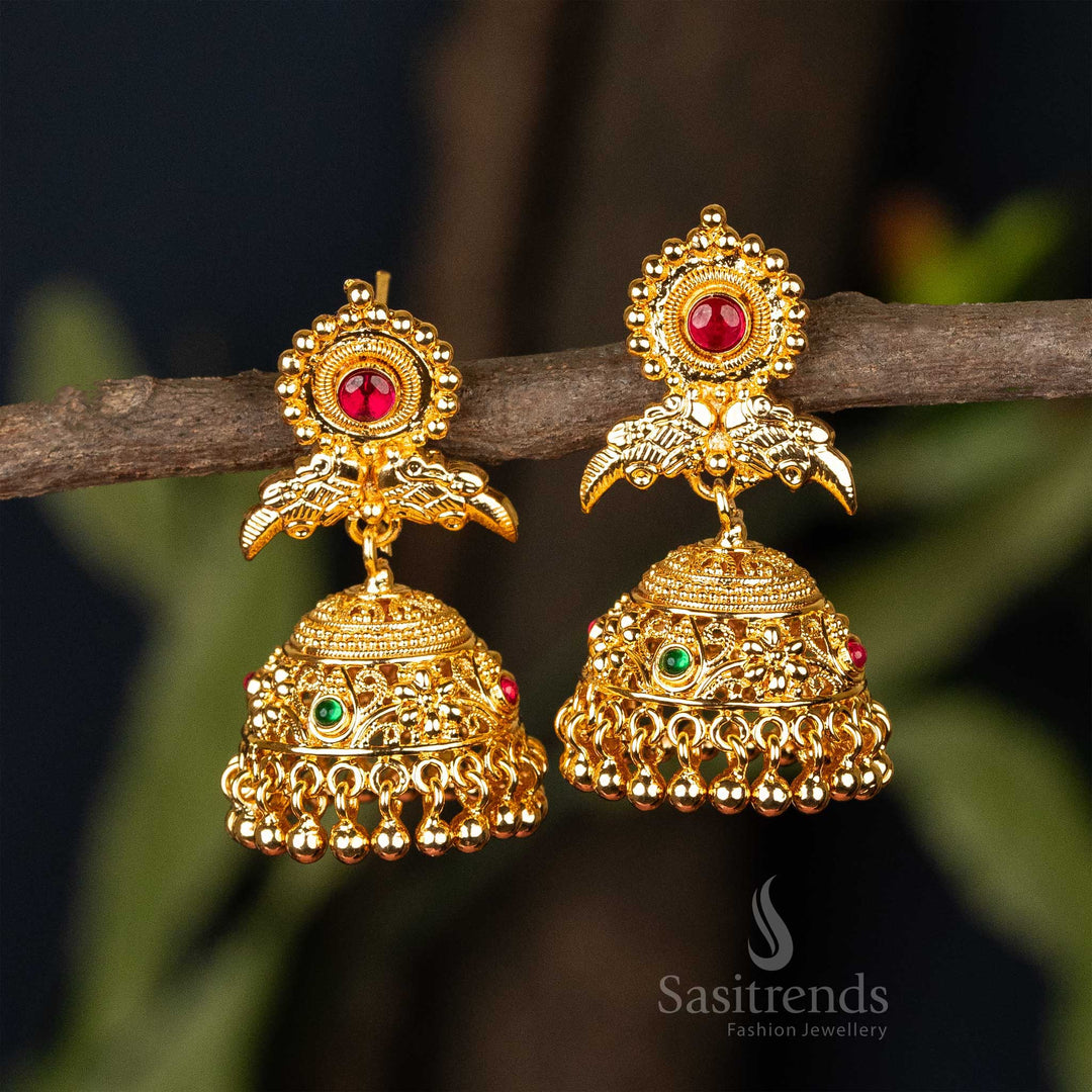 Traditional Guaranteed Micro Gold Plated Ruby Green AD Stone Jhumka Earrings - Sasitrends
