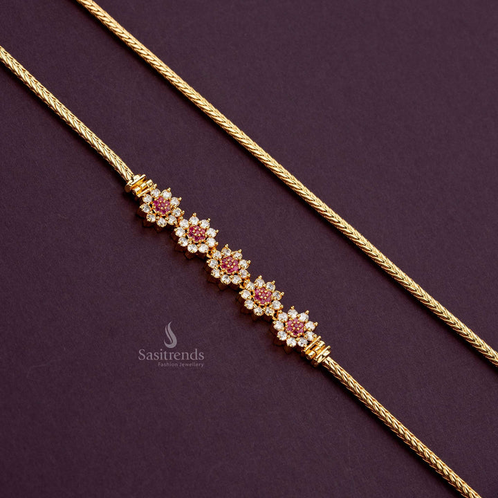 White-ruby 5-flower mugappu chain with American Diamond stones, 24-inch - Sasitrends