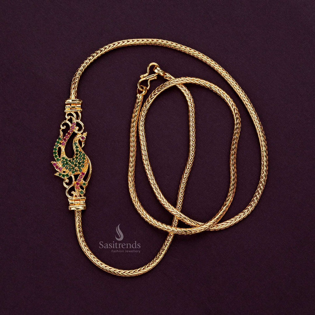 Premium ruby and green AD stone peacock mugappu chain, 24 inches - Sasitrends
