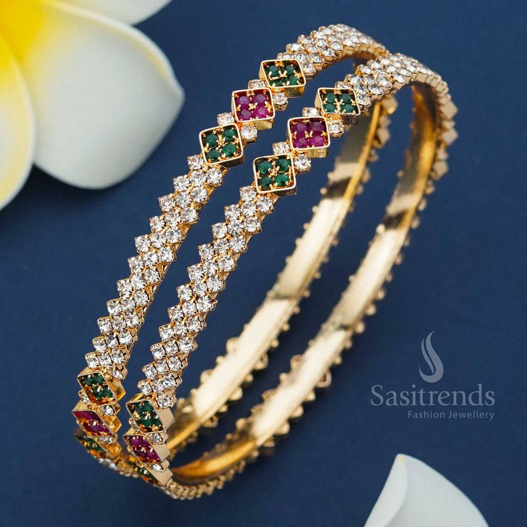 A grand ethnic micro gold-plated floral bangle set, featuring dazzling multi-color sparkling stones - Sasitrends
