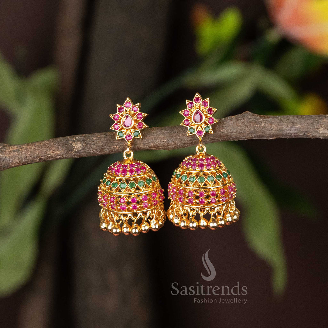 Elegant ruby green traditional jhumka earrings crafted in micro gold plating with dazzling AD stones, a graceful jewellery choice for festive style - Sasitrends