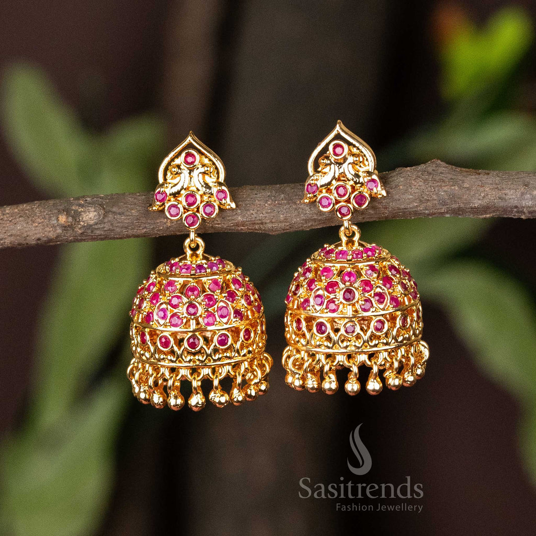 Gorgeous ruby AD stone jhumka earrings with micro gold plating in a traditional design, created for weddings and cultural celebrations with grace - Sasitrends