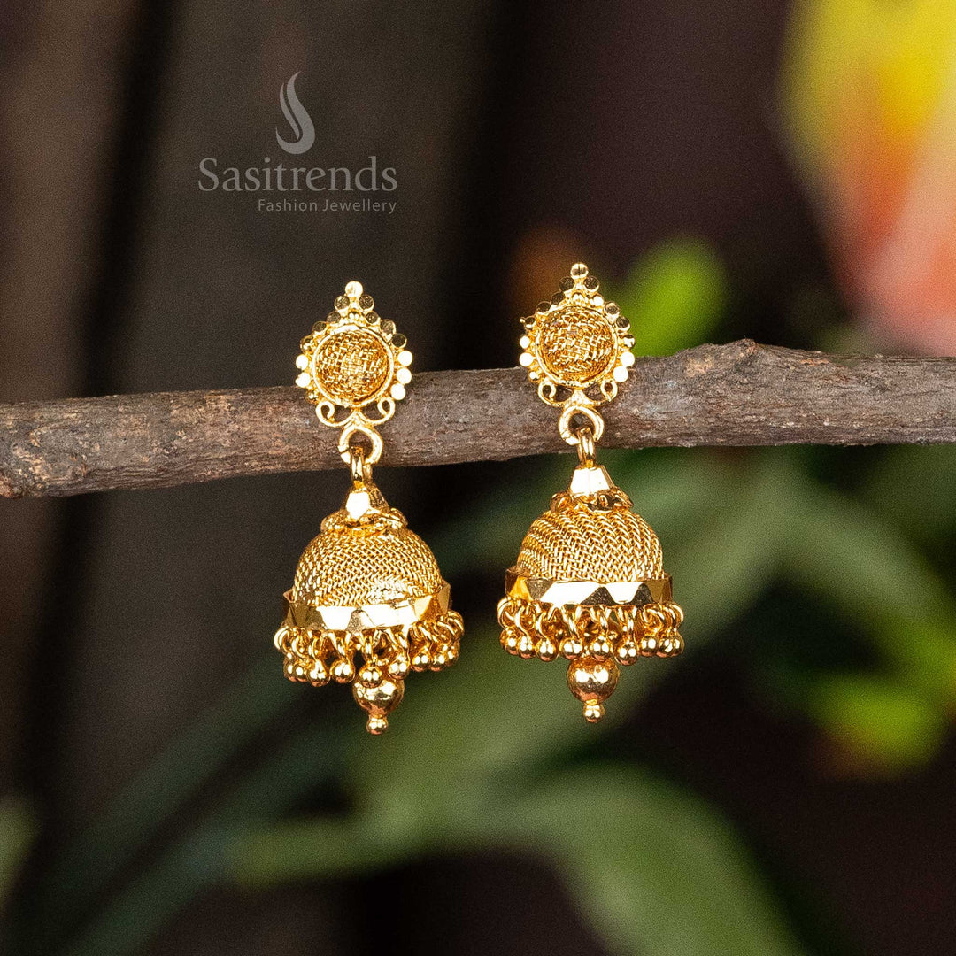 Elegant vintage floral carved micro gold plated jhumkas adorned with traditional motifs, perfect for festivals and special occasions - Sasitrends