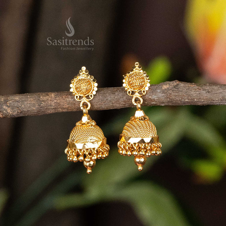 Elegant vintage floral carved micro gold plated jhumkas adorned with traditional motifs, perfect for festivals and special occasions - Sasitrends