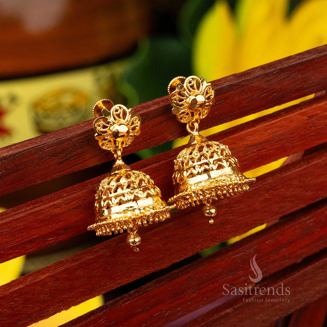 Traditional South Indian micro gold plated bridal jhumka earrings with rich detailed artwork for a luxurious touch - Sasitrends