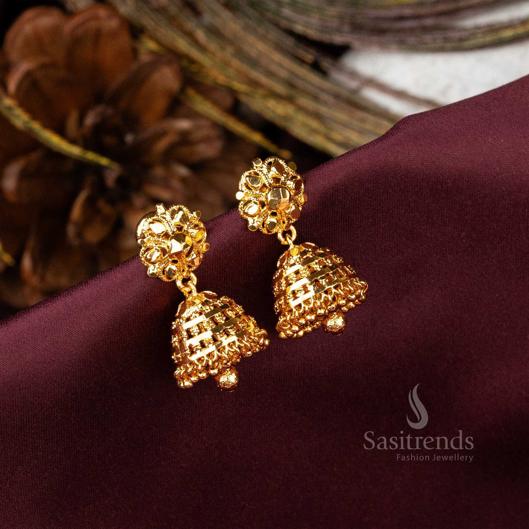 Graceful pearl-studded micro gold plated long hanging jhumkas featuring ornate intricate patterns for a refined traditional look - Sasitrends
