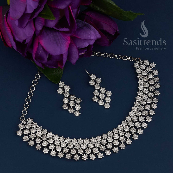 Shining stars design American diamond jewellery set in rhodium silver tone, crafted for evening glamour and sophisticated party wear elegance – a dazzling statement for every occasion – Sasitrends