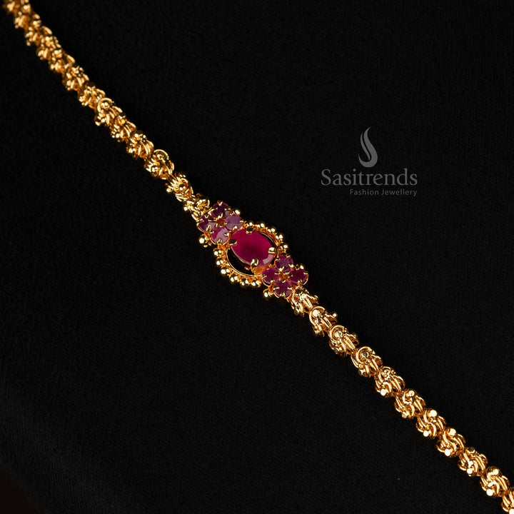 Micro gold-plated traditional necklace with ruby-stone Dasavatharam pendant - Sasitrends